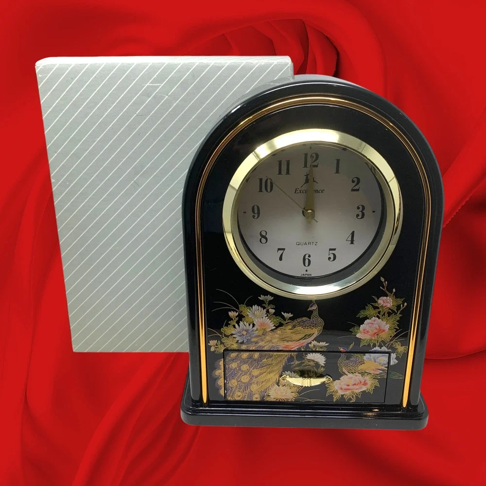 NEW Vintage 1980s Asian Black Acrylic Quartz Mantel Clock Drawer Boxed Japan